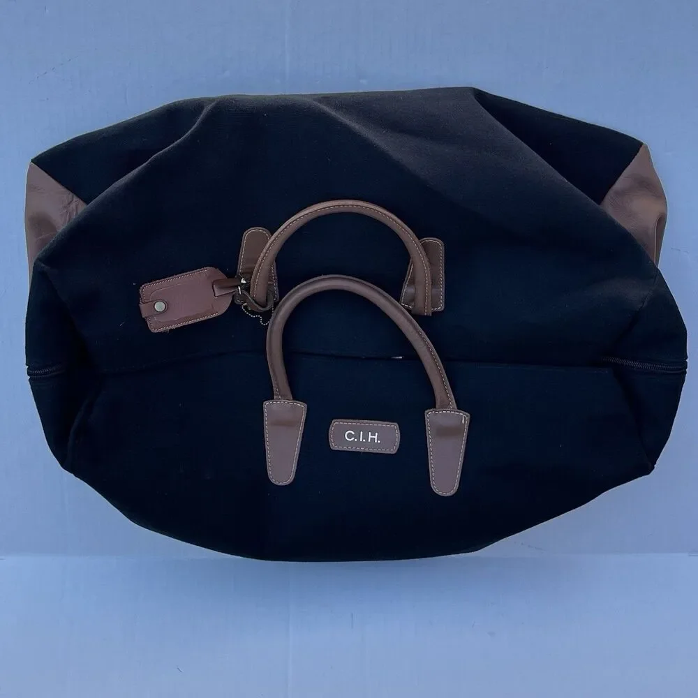 T. Anthony Weekender Duffle Bag Black Canvas Tan Leather Monogram CIH No Strap